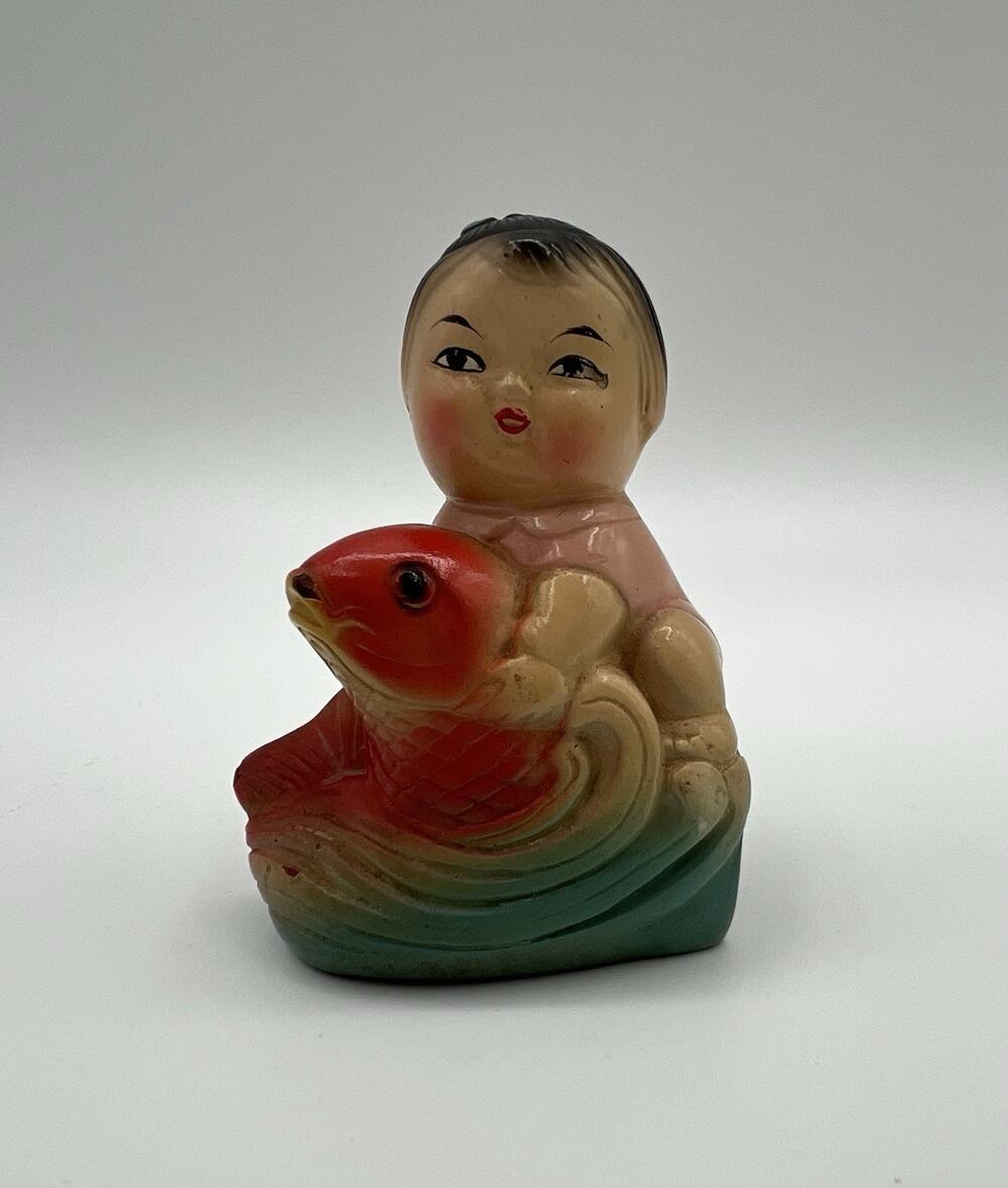 Asian Baby Swimming with Koi Fish Pencil Sharpener Figurine 3” Vintage Kitsch